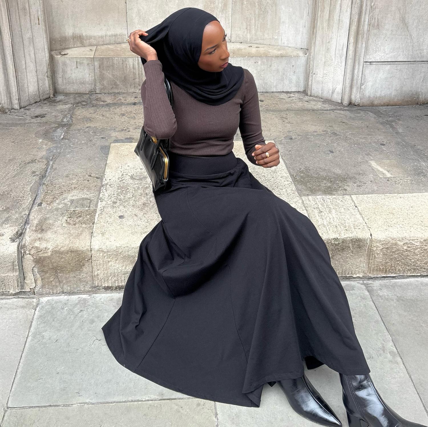 Cotton Jersey Maxi A-Line Skirt - Black