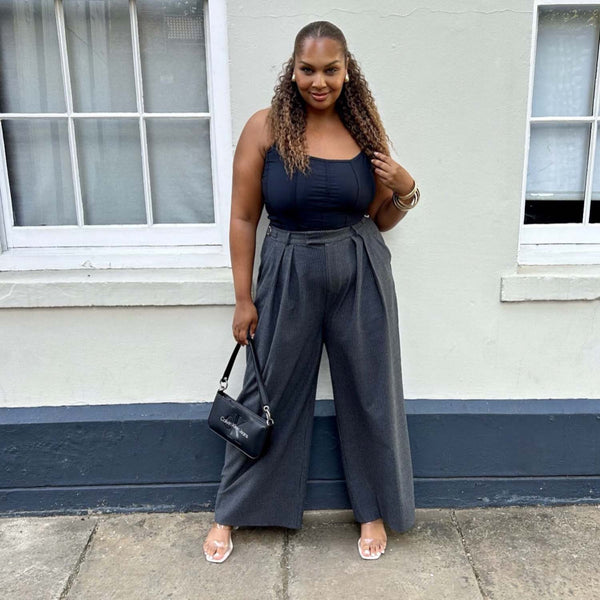 Wide Leg Pinstripe Tailored Trousers - Charcoal - Tights & Clothes