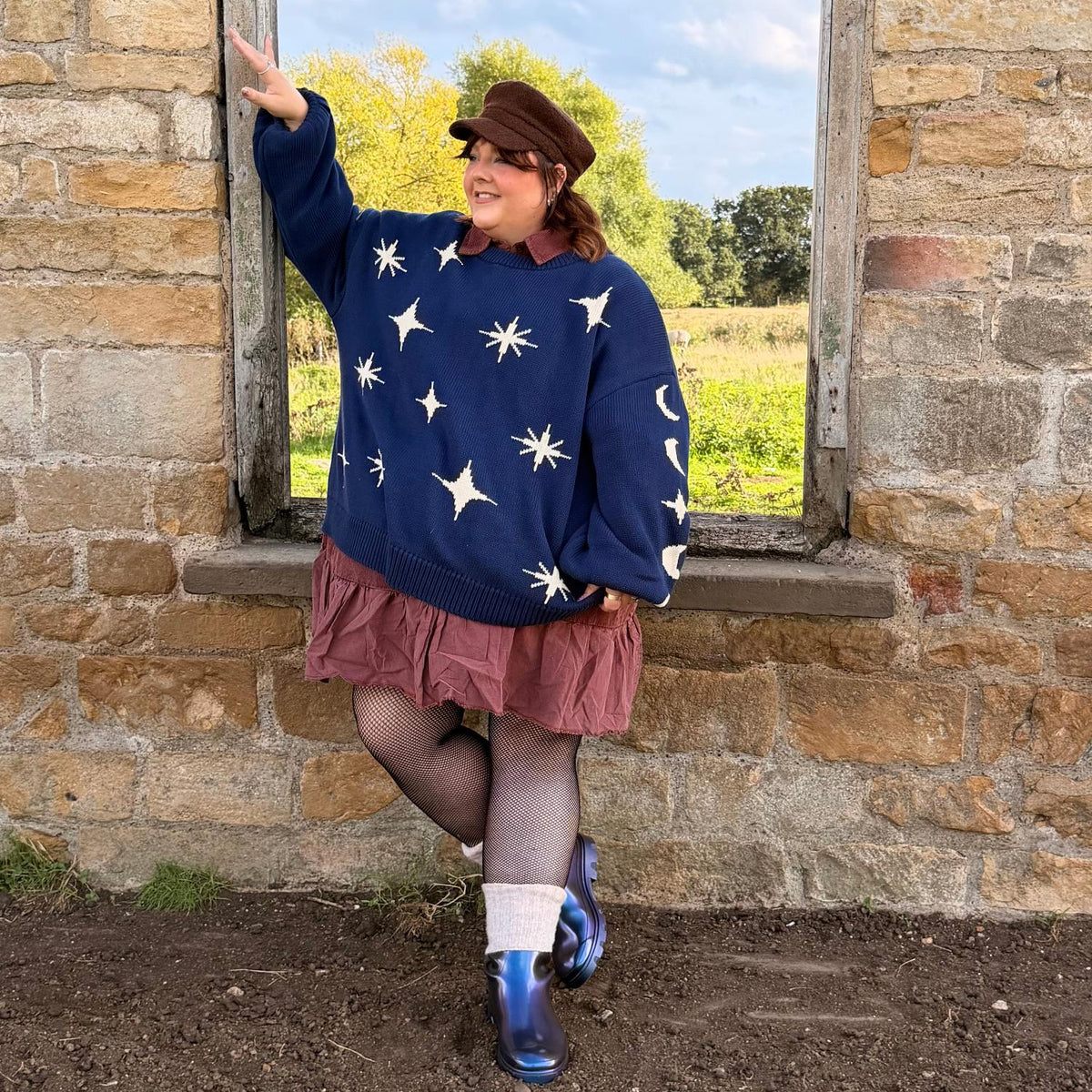 Chunky Knit Sweater - Stars - Navy/Cream