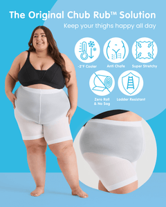 Model in white anti-chafing shorts. Features: cooling, anti-chafing, super stretchy, no rolling, and ladder-resistant.