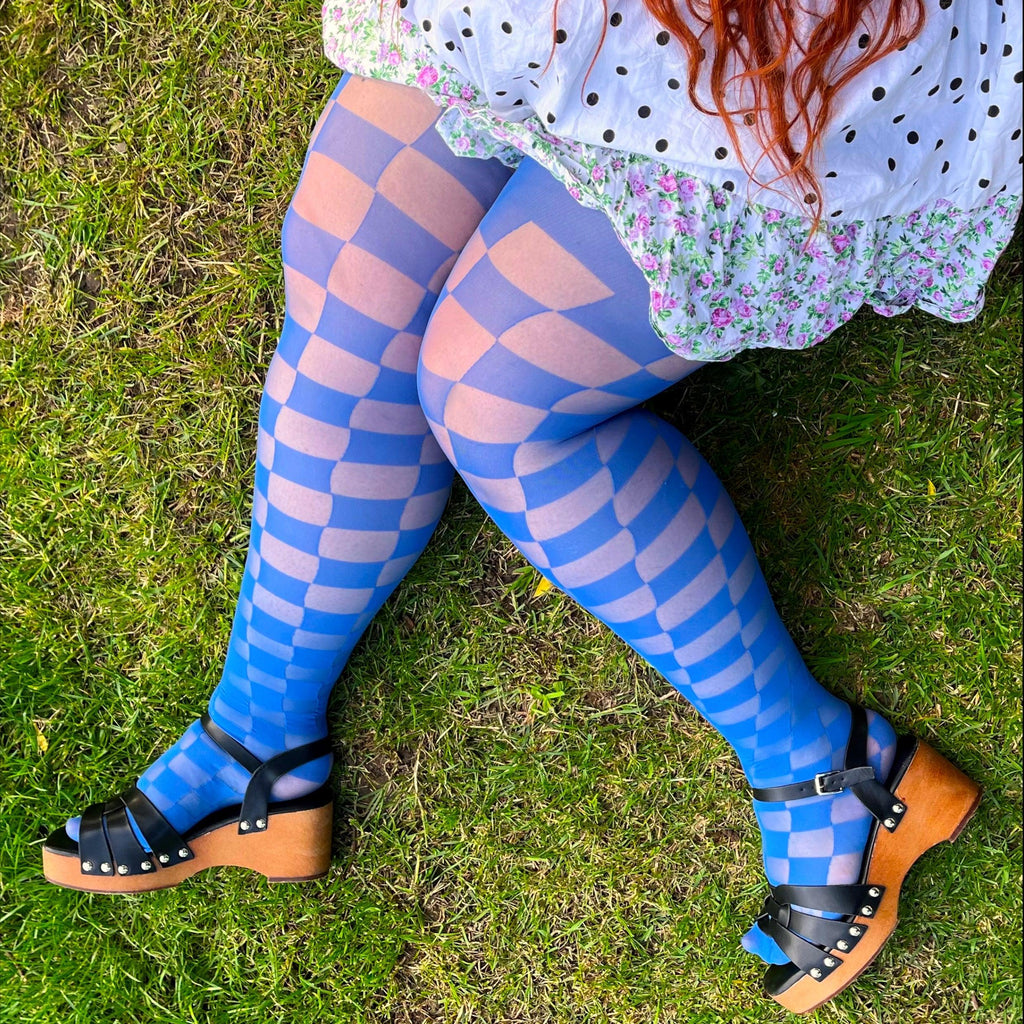 Blue Colored Tights With Checkered Pattern | Snag – Snag US