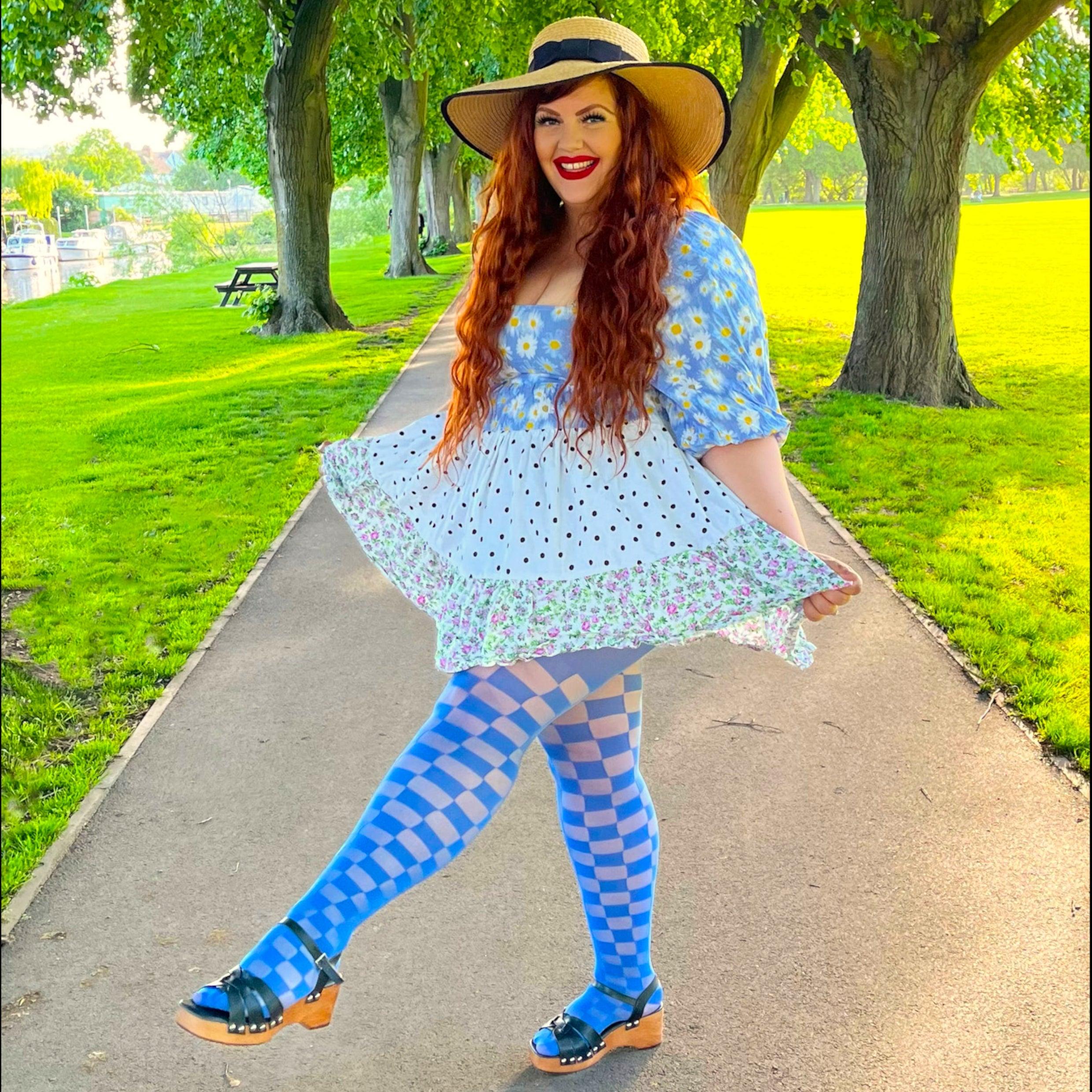 Blue Colored Tights With Checkered Pattern