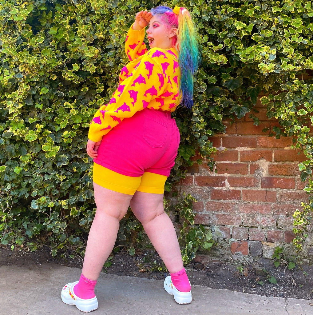 Woman wearing lemon chub rub shorts