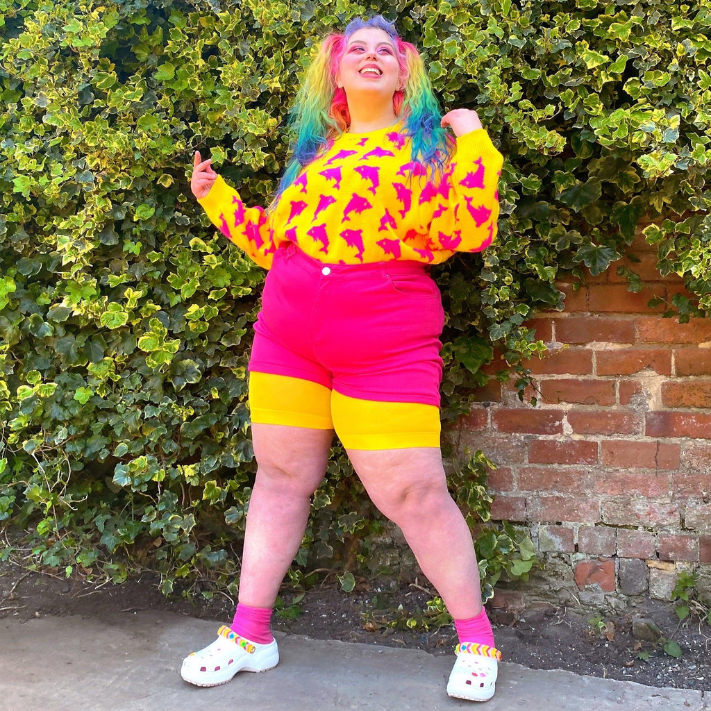 Woman wearing lemon chub rub shorts