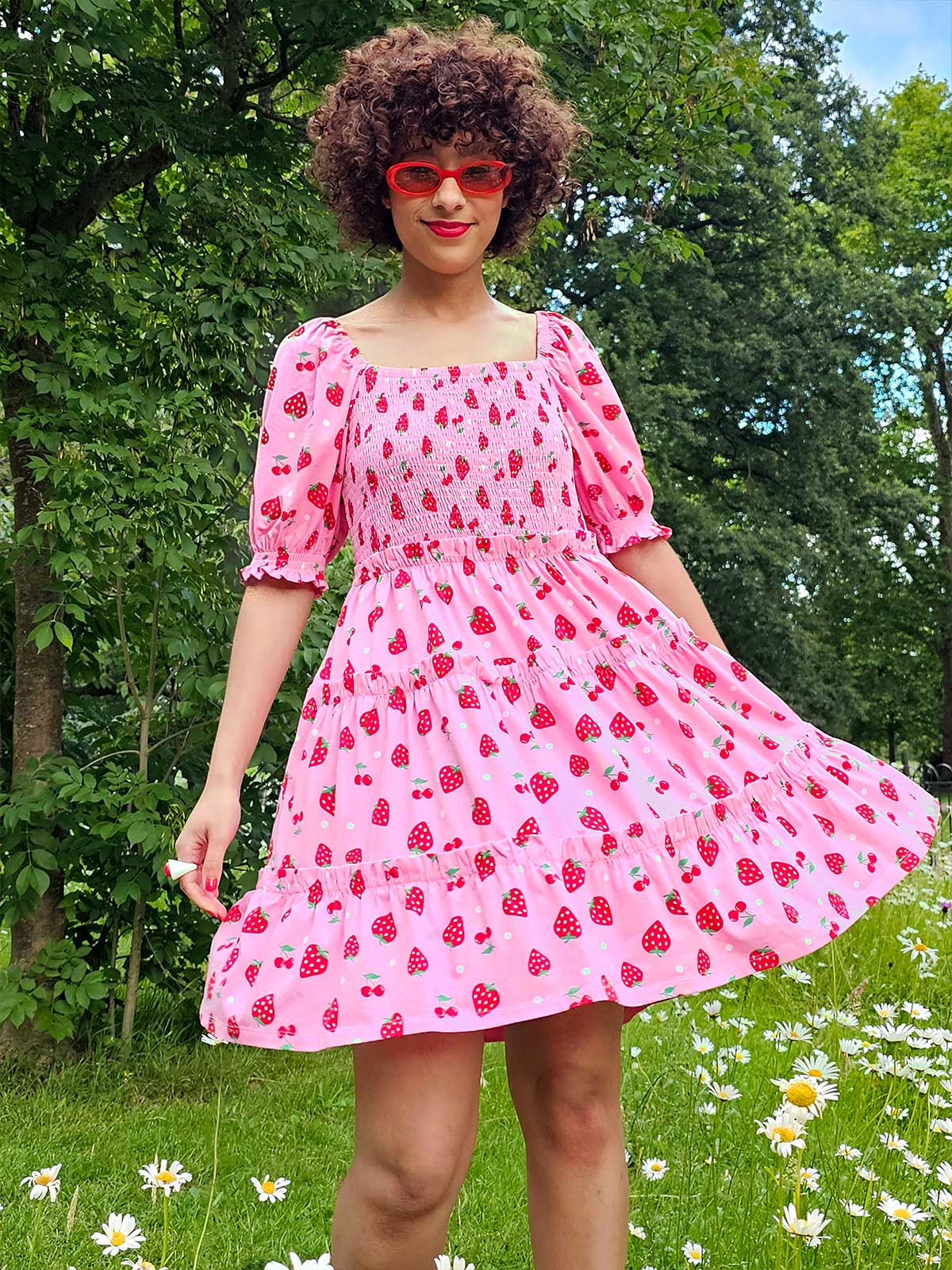 Strawberry shirred mini dress